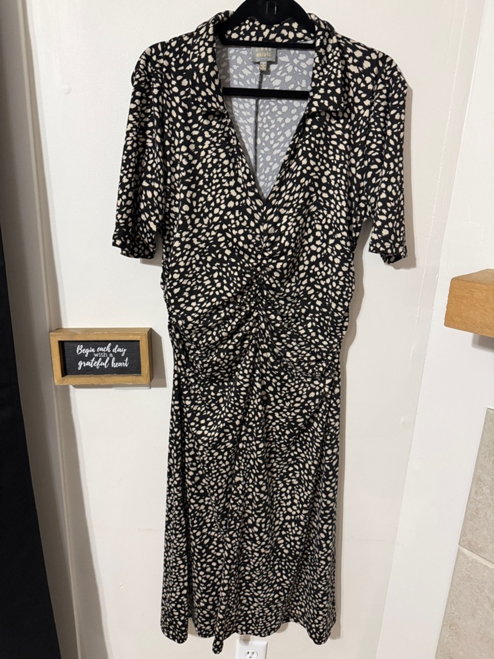 Black and Cream Spot-Print Ruched Wrap Midi Dress